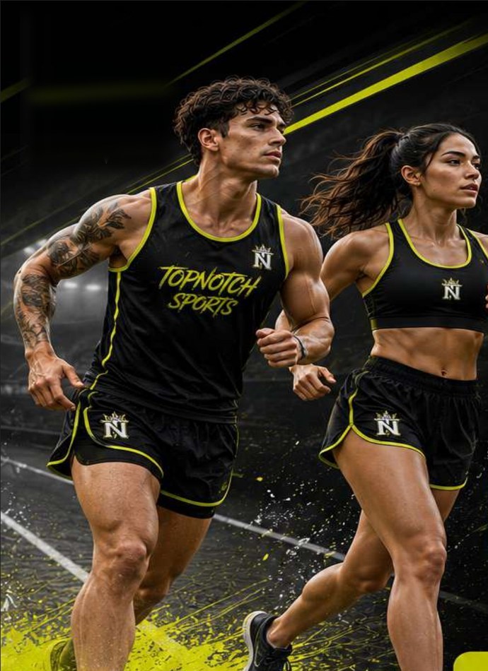 Two runners in black and neon Top Notch Sports custom running gear sprinting on a track
