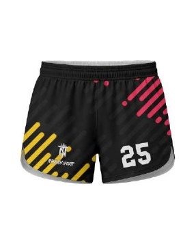 The same running shorts design in the catalog black, pink and yellow colorway